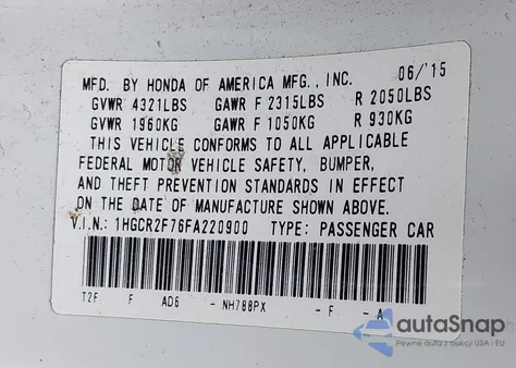 2015 Honda Accord Ex from USA, damaged, VIN 1HGCR2F76FA220900